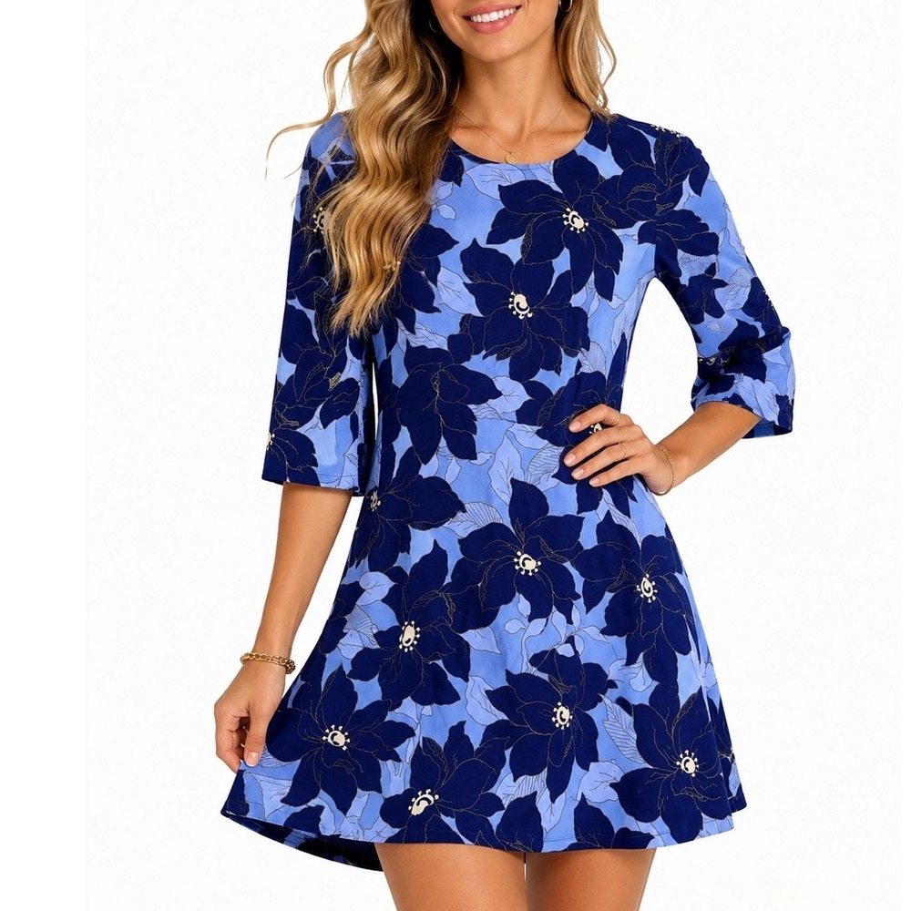 Ann Taylor Loft Blue Floral 2P Sheath Dress 3/4 Sleeve Gold Embroidery Career